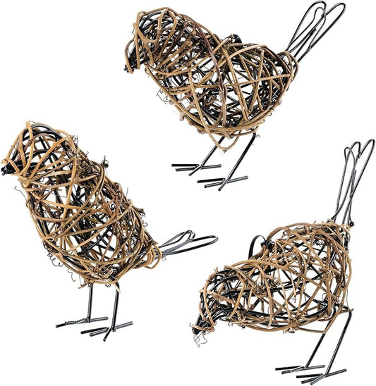 3PCS Bird Statue Farmhouse Decor Set - Christmas Ornament - Handwoven Natural Rattan Bird Figurines Table Decor, Multi-Pose Shelf & Mantel Accents
