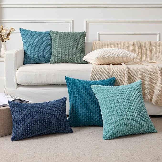 Kevin Textile Decorative Pillow Covers Set of 2 Striped Plush Corduroy Pillows Pillowcases Boho Home Decor Cushion Covers for Couch Sofa Bed Living Room 16x16 Inch, Teal Green