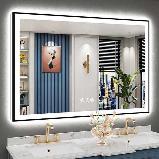 55x36 Black Framed LED Bathroom Mirror with Lights, Backlit & Front Lit, Anti-Fog Lighted Vanity Mirrors for Bathroom Wall, Dimmable, 3 Colors, Memory, Shatter-Proof, Tempered Glass, CRI＞90