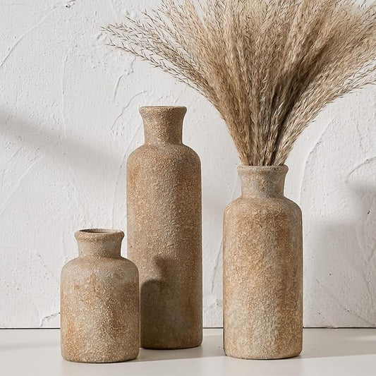 LUKA Ceramic Rustic Farmhouse Vase Set of 3,Terracotta Vases for Decor,Antique Vase for Your Bedroom,Office,Living Room,Fireplace,Bookshelf Decor,Housewarming (10+7.5+5 Inch)