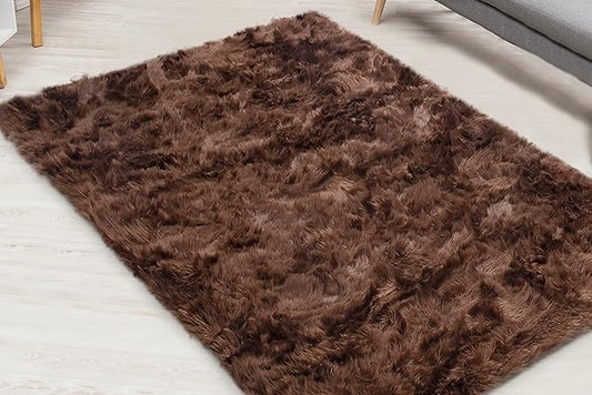 Silky Soft Faux Fur Rug, 6 ft. x 9 ft. Brown Fluffy Rug, Sheepskin Area Rug, Rectangle Rug for Living Room, Bedroom, Kid's Room, or Nursery, Home Décor Accent, Machine Washable with Non-Slip Backing