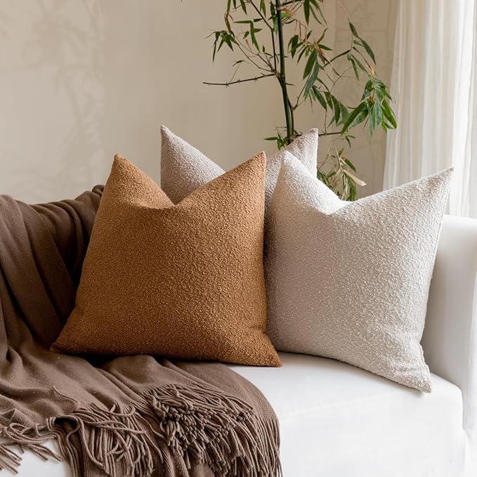 Boucle Decorative Throw Pillow Covers for Couch Set of 2, 24x24 inches, Tobacco