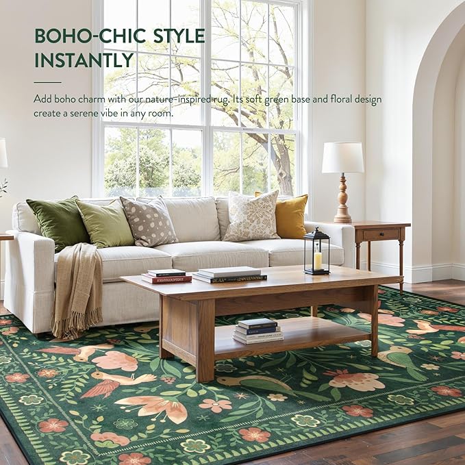 Moynesa Area Rugs 9x12 Green Vintage Home Decor, Modern Cottage Farmhouse Aesthetic Floral Bird Medallion Carpet for for Living Room Bedroom Dining Room,Non-Slip Washable Floor Protection