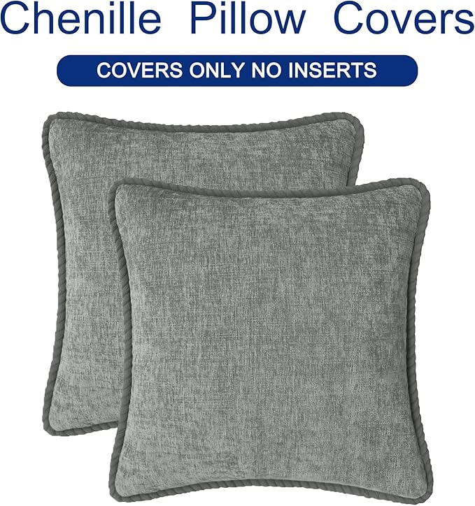 CaliTime Decorative Couch Throw Pillow Covers 16 X 16 Inches Pack of 2 Cozy Chenille Piping Edge Cushion Cases for Sofa Bed Living Room Home Medium Grey