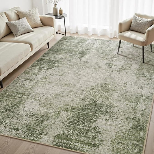 4x6 Area Rugs for Living Room Non Slip Machine Washable Rug Distressed Abstract Soft Indoor Carpet Neutral Boho Rug for Bedroom Dining Room Playroom Office, Green