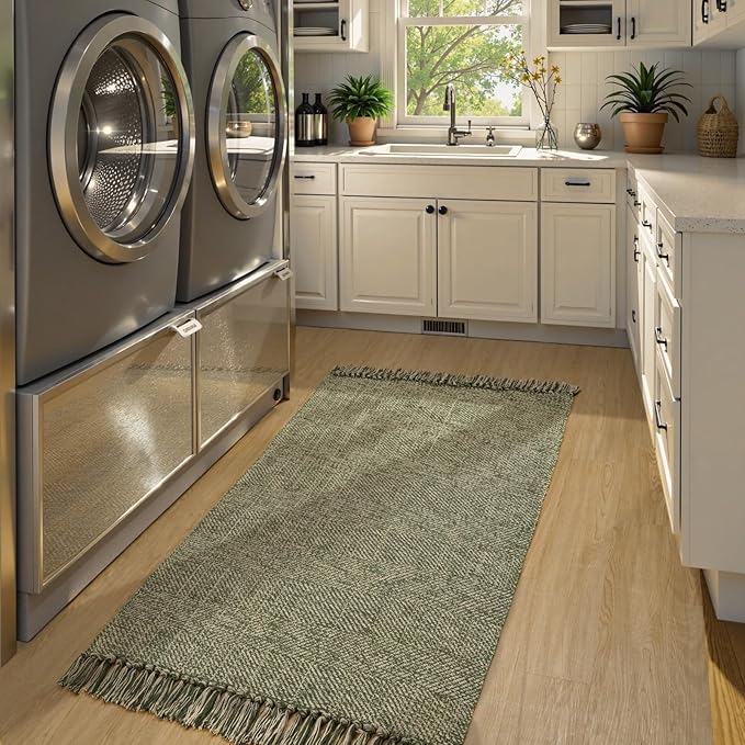Collive 3x5 Small Area Rugs, Machine Washable Natural/Green Rug Modern Braided Kitchen Rugs, Neutral Reversible Throw Carpet Farmhous Woven Rug for Entryway Indoor Nursery Mudroom Living Room