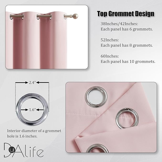 DUALIFE Baby Pink Blackout Curtains 63 Inch Length for Girls Room Heat Blocking Grommet Thermal Insulated Darkening Black Out Curtain for Nursery 52x63 Inches Long