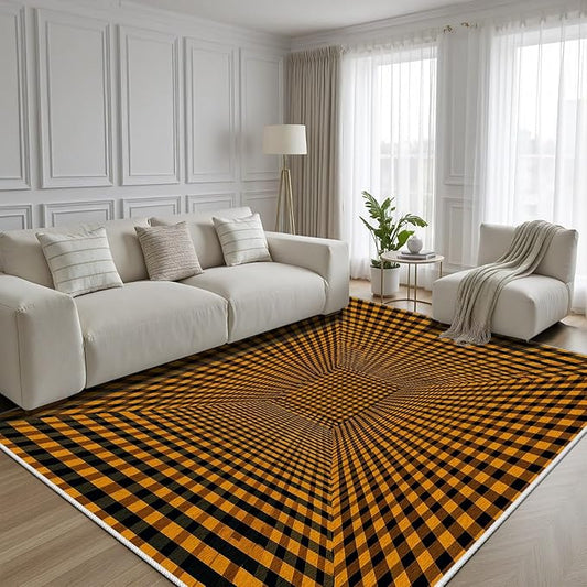 3D Rugs Optical Illusion - Plaid Rug 5x7, Geometric Stripes Soft Neutral Indoor Floor Mats Carpet, Non-Slip Stain Resistant Modern Orange Rug for Bedroom, Living Room Rugs