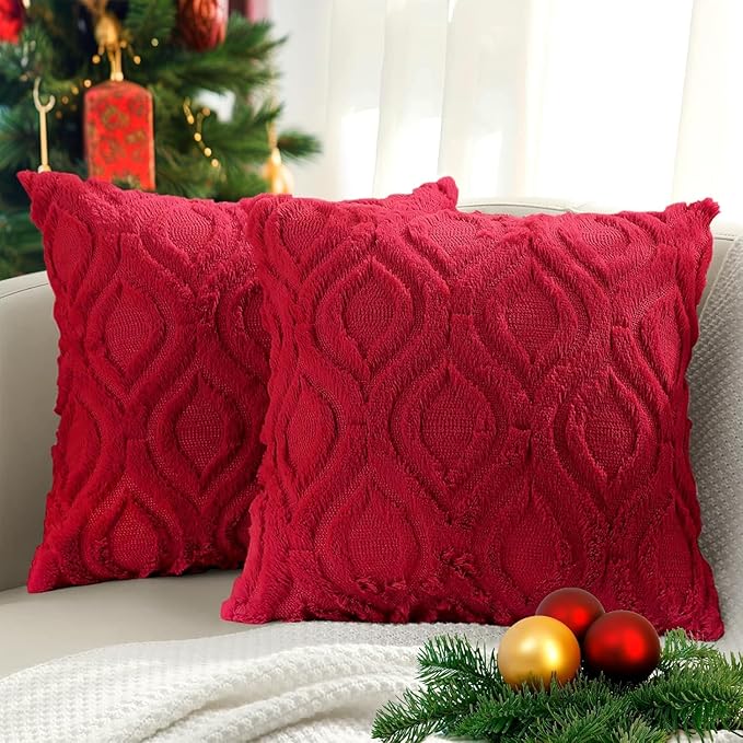 decorUhome Euro Sham Throw Pillow Covers 26x26 Inch Set of 2, Soft Plush Faux Wool Red Solid Couch Pillow Covers, Accent Farmhouse Neutral Square Pillow Cases for Sofa Bed Living Room