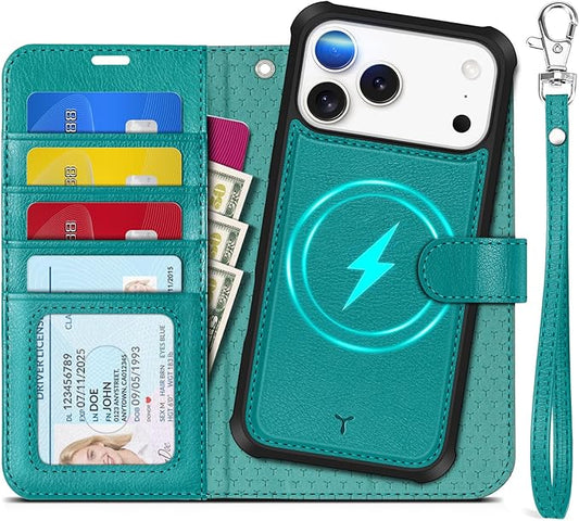 TUCCH Detachable Case Wallet for iPhone 17 Pro Max (6.9") 2025, Wrist Strap | 4 Card Slots RFID Blocking | Wireless Charging | Stand | 2-in-1 Magnetic | PU Leather | Shockproof Folio Cover | Cyan