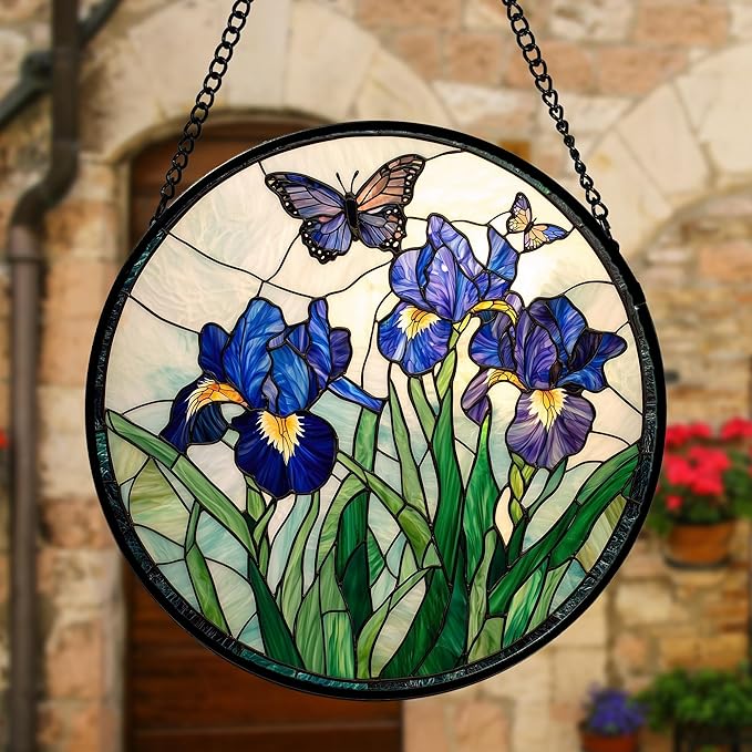 DASTOLL Stained Glass Window Hanging, Blue Purple Butterfly Flower Suncatcher Diamond Colorful Glass Panel Sun Catchers Decor for Birthday for Women, Men, Wife, Aunt, and Mom 11.8 in