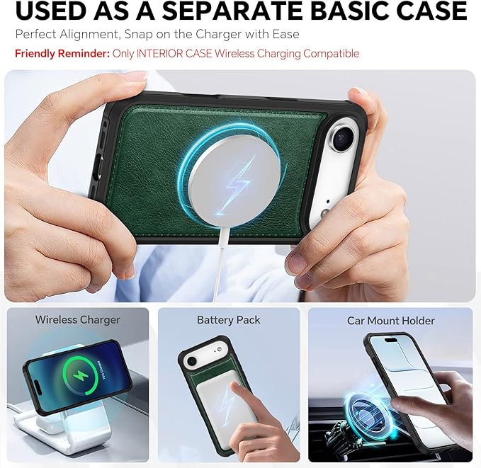 TUCCH 2-in-1 Removable Wallet Case for iPhone Air (6.5-inch) 2025, Wireless Charging | RFID Blocking 4 Card Holder | Wrist Strap | Kickstand | Magnetic | PU Leather | Protective Cover | Dark Green