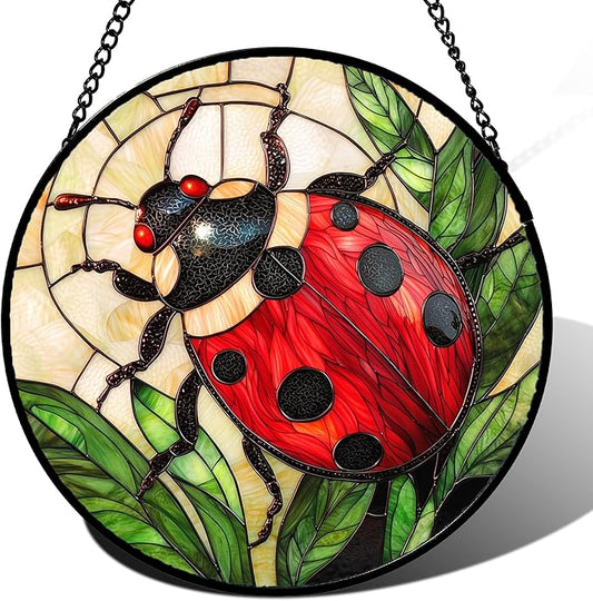 Stained Glass Window Hanging - Red Seven-Spotted Ladybug Sun Catcher for Door Home Decor Insect Suncatcher Christmas Mother's Day Birthday Gifts for Women Men Mom Nana 6.3 in