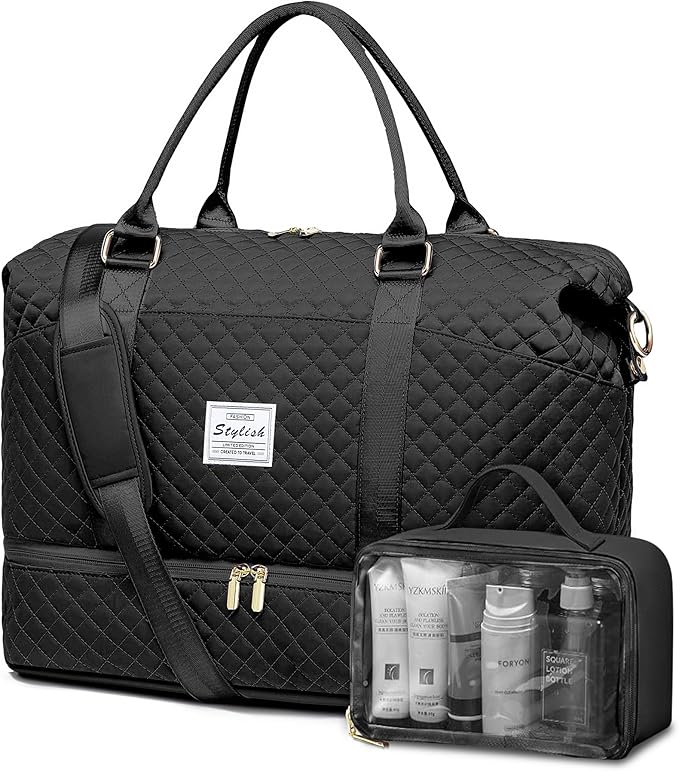 Women Weekender Travel Duffle Bags - Large Duffel Overnight Bag with Shoe Compartment & Toiletry Carry on Tote Weekend Yoga Gym Bags with Wet Pocket Hospital Bags for Labor and Delivery Black