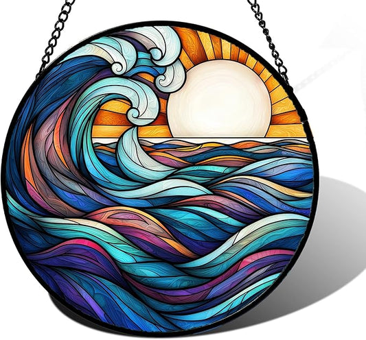 DASTOLL Stained Glass Window Hanging, Big Wave Sun Suncatcher Diamond Glass Panel Hangings Abstract Sun Catchers Decor for Birthday for Women, Men, Wife, Aunt, and Mom 7.8 in