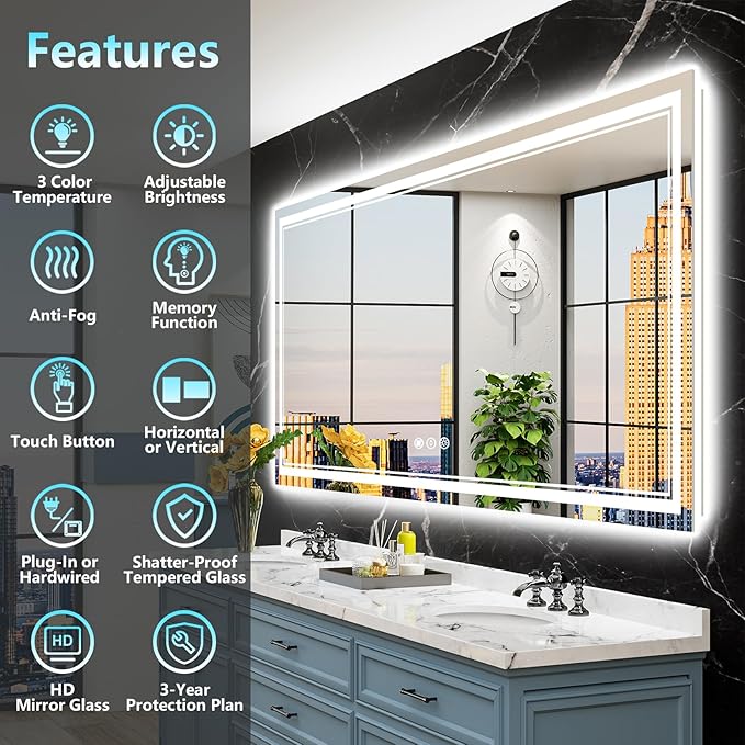 96x36 Inch LED Bathroom Mirror with Lights, Backlit & Front Lit, Anti-Fog Lighted Vanity Mirrors for Bathroom Wall, Dimmable, 3 Color Temperatures, Memory, Shatter-Proof, HD Tempered Glass