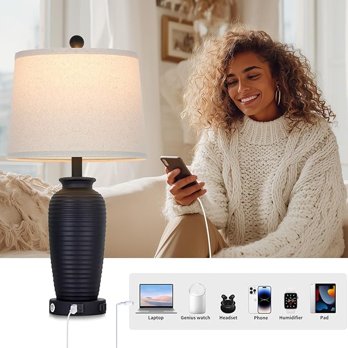 25" Retro Black Farmhouse Jar Table Lamps Set of 2, 3 Way Touch Control Rustic Bedside Lamps with USB A+C Ports & AC Outlet, Pot Nightstand Lamps for Bedroom Living Room (LED Bulbs Included)