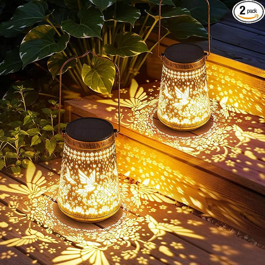 2 Pack Solar Lanterns Outdoor Waterproof Birthday Gifts for Women Mom Grandma, Hollowed-Out Metal Hummingbird Hanging Solar Lantern Lights Outdoor Decor, 2 Modes Lights Decor for Yard, Patio