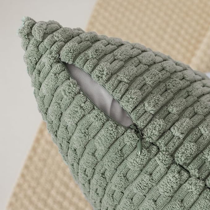 Kevin Textile Throw Pillow Covers Soft Corduroy Decorative Set of 2 Boho Striped Pillow Covers Pillowcases Farmhouse Home Decor for Couch Bed Sofa Living Room 12x20 Inch Greyish Green