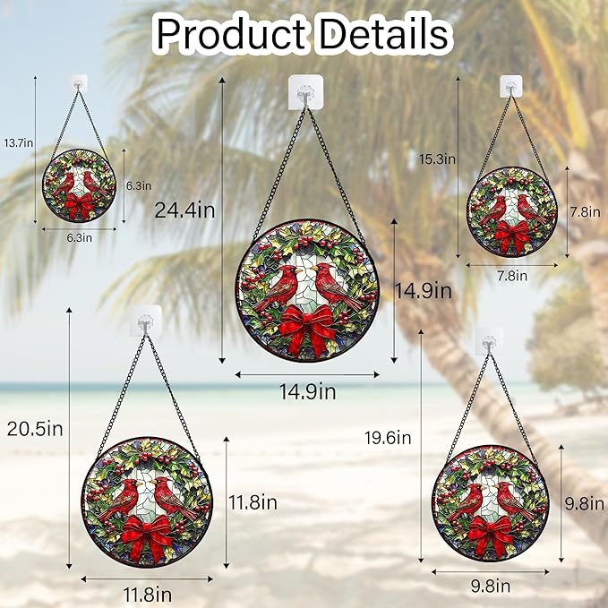 Stained Glass Window Hanging - Cardinals Green Wreath Suncatcher for Doors Home Christmas Decoration Red Bird Sun Catcher Thanksgiving New Year Birthday Gift for Women Men Mom Nana 14.9 in