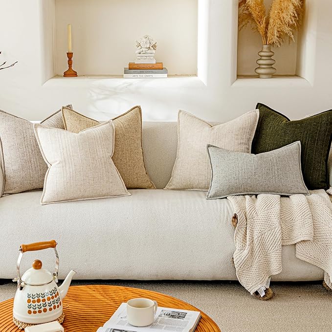 a moment Linen Pillow Covers Set of 2,Boho Farmhouse Throw Pillowcases Neutral Textured Decorative Covers for Couch Sofa,Linen Blend Accent Case Cushion Living Room Home Decor 22"x22"Dark Green