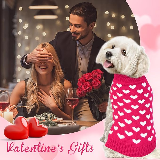 GOYOSWA Valentines Dog Sweater, Dog Valentines Clothes Outfit Knitted Sweaters for Small Medium Large Dogs Pets (Rose Red Heart, Small)