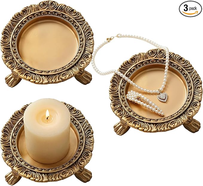 3 Pack Brass Color Candle Holder Pedestal Dish Stand Gold Vintage Tray Clawfoot Plate Decor for Jewelry Wax Ring Trinket
