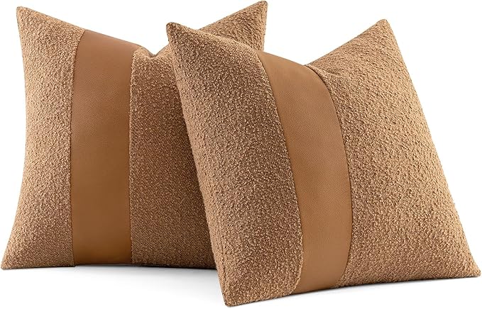 MIULEE Boucle Throw Pillow Covers 18x18 Inch Set of 2 Brown Faux Leather Textured Decorative Pillow Cases Boho Farmhouse Accents Cushion Covers for Couch Bed Livingroom Home Decor