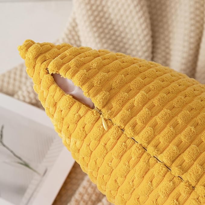 Kevin Textile Set of 2 Decorative Pillow Cover Solid Striped Corduroy Plush Velvet Cushion Cover for Couch Machine Washable Pillowcase 50cm 20 x 20 Inch Yellow