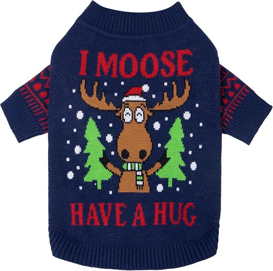 Fitwarm Funny Moose Dog Ugly Christmas Sweater, Winter Dog Clothes for Small Dogs Girl Boy, Pet Xmas Outfit, Navy, Large