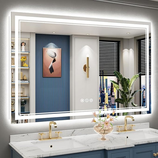 60x40 LED Bathroom Mirror with Lights, Backlit and Front Lit, Anti-Fog Lighted Vanity Mirrors for Bathroom Wall, Dimmable, 3-Color Light, Memory, Shatter-Proof, HD Tempered Glass, CRI＞90