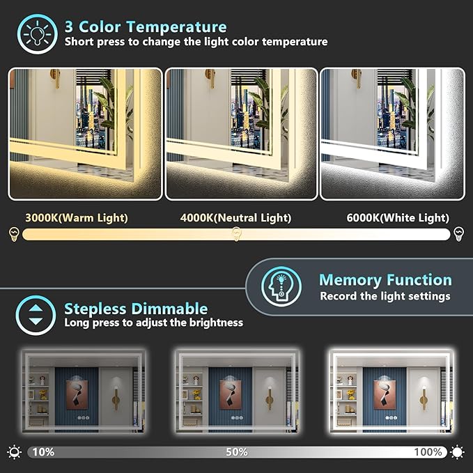 60x28 Inch LED Bathroom Mirror with Lights, Backlit & Front Lit, Anti-Fog Lighted Vanity Mirrors for Bathroom Wall, Dimmable, 3-Color Light, Memory, Shatter-Proof, Tempered Glass, ETL Listed