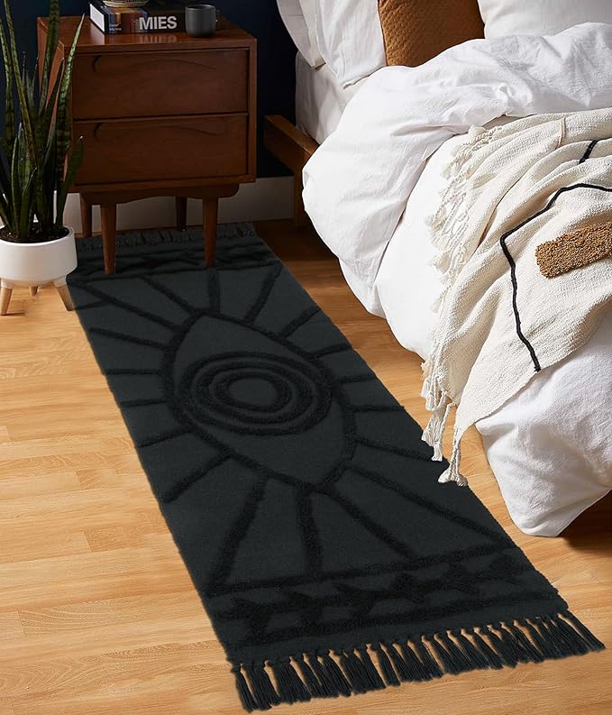 Uphome Boho Runner Rug 2'x5' Washable Evil Eye Tufted Bedroom Rugs with Tassels Soft Cotton Woven Kitchen Rug Modern Minimalist Dark Gray Throw Rugs for Living Room Laundry Room Bathroom
