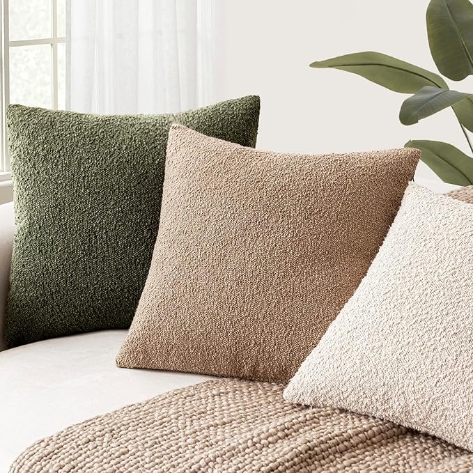 Foindtower Decorative Textured Boucle Throw Pillow Covers Accent Solid Pillow Cases Neutral Soft Cozy Couch Cushion Case for Chair Sofa Bedroom Living Room Home Decor 18x18 Inch,1PC,Moss Green