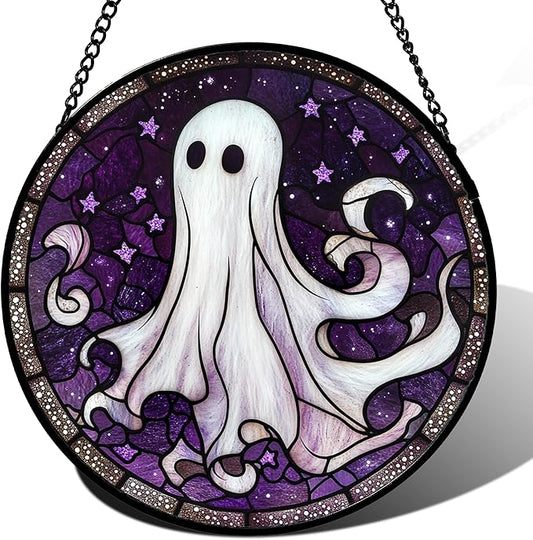 DASTOLL Stained Glass Window Hanging - Halloween Decorations White Ghost Purple Stars Suncatcher for Doors Garden Spooky Funny Sun Catchers Gothic Decor Horror Gifts for Women Men Friend 6.3 in