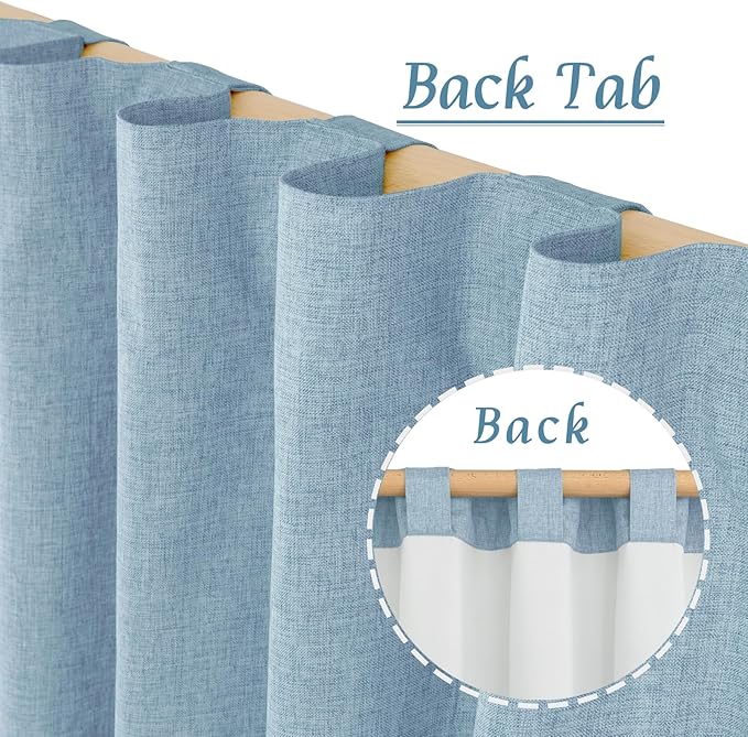 LAMIT 100% Blackout Linen Curtains 63 Inches Long, Linen Textured Living Room Farmhouse Curtains Full Room Darkening Back Tab and Rod Pocket Panels with White Liner, 2 Panels, Stone Blue, 60 x 63 Inch