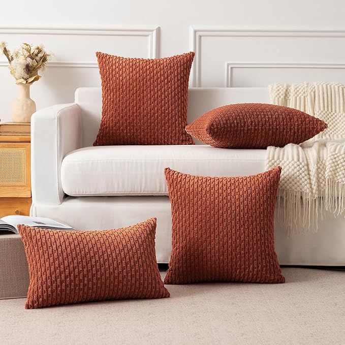 Kevin Textile 2 Packs Fall Boho Decorative Throw Pillow Covers 24x24 Inch for Living Room Couch Bed Sofa Rustic Modern Farmhouse Home Decor Soft Corduroy Square Cushion Case, Rust