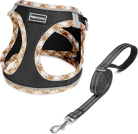 Mercano Soft Mesh Dog Harness and Leash Set, No-Chock Step-in Reflective Breathable Lightweight Easy Walk Vest Harnesses with Safety Buckle for Small Dogs, Cats (Black Yellow, L)