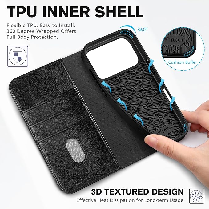 TUCCH Case Wallet for iPhone 17 Pro (6.3") 2025, RFID Blocking, 3 Card Holders, Kickstand, PU Leather, Protective Flip Folio Cover, TPU Shockproof Interior Shell, Textured Black