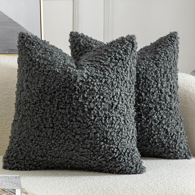 Yaertun Pack of 2 Faux Fur Throw Pillow Covers Decorative Sherpa Boucle Pillow Covers Fuzzy Soft Pillowcases Sheepskin Fleece Cushion Case for Couch Sofa Bed Living Room 24x24 Inch Grey