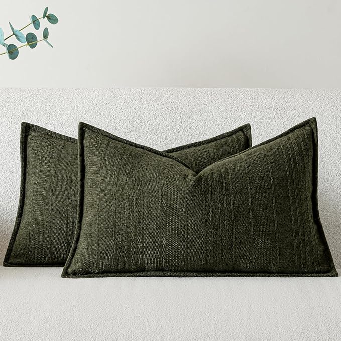 a moment Linen Pillow Covers Set of 2,Boho Farmhouse Throw Pillowcases Neutral Textured Decorative Covers for Couch Sofa,Linen Blend Accent Case Cushion Living Room Home Decor 20"x12"Dark Green