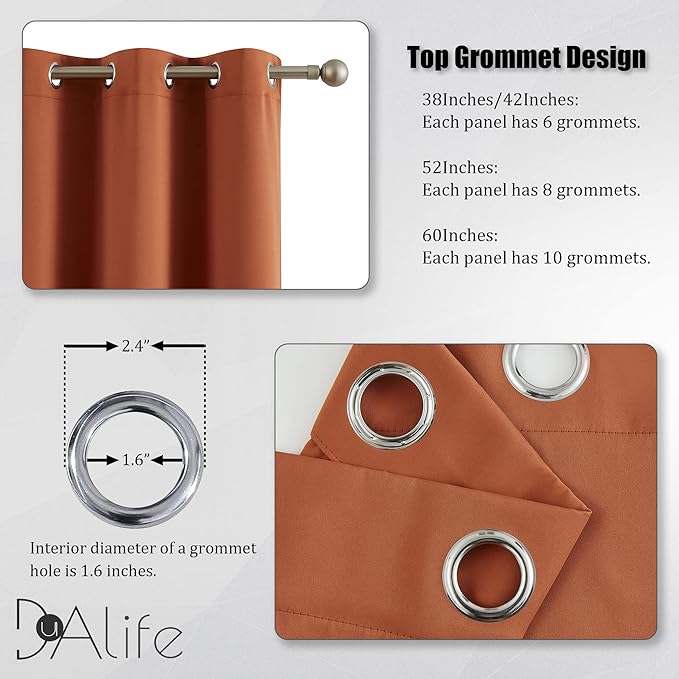 DUALIFE Rust Burnt Orange Curtains 90 Inches Long Blackout Bedroom Curtains Boho Decor Grommet Room Darkening Window Panels for Living Room 52 x 90 Inch, 2 Panels