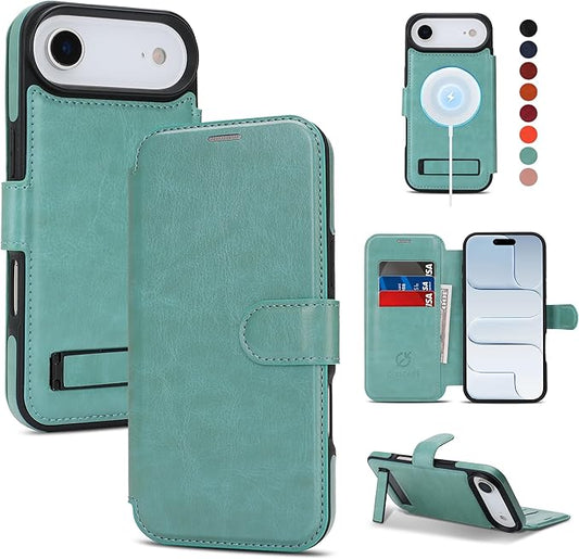 CIVICASE for iPhone Air Wallet Case with Stand,PU Leather Flip Credit Card Holder Slots (RFID Blocking),Compatible with Magsafe Magnetic Holder Phone Cover Women Men,Green
