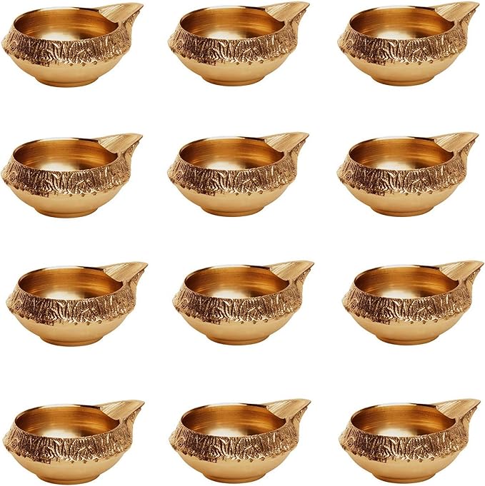 AVADOR Handmade Brass Indian Puja Oil Lamp, Golden Diya Lamp Engraved Design Diya for Diwali Pooja 2.5 Inch (12)