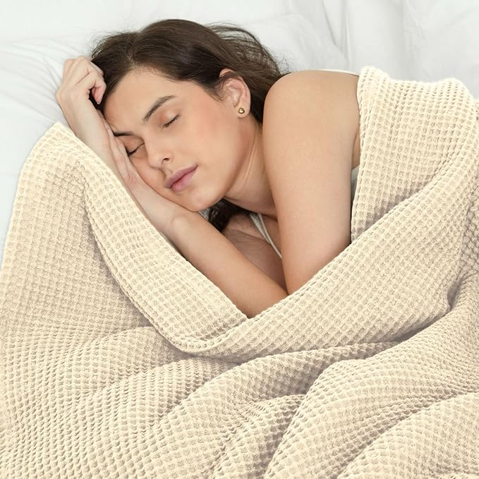 Organic Cotton Waffle Blanket Queen Size (90" x 90") Lightweight, Breathable and Soft, Luxurious Best Waffle Blanket for All-Season - Summer, Spring, Winter (Beige)