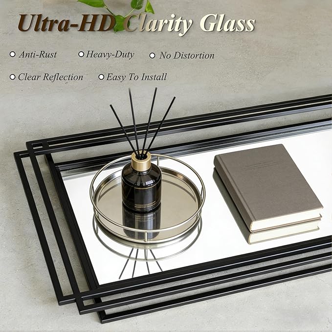 Black Rectangle Mirror, 47"x22" Art Deco Wall Mirrors with Geometric Metal Frame, Modern Elegant Mirror for Living Room Bathroom Bedroom Entryway Hallway, Hangs Vertically or Horizontally