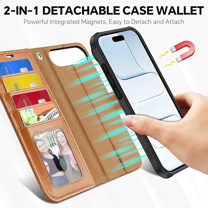 TUCCH Detachable Case Wallet for iPhone Air (6.5") 2025, Wrist Strap | 4 Card Slots RFID Blocking | Wireless Charging | Stand | 2-in-1 Magnetic | PU Leather | Shockproof Folio Cover | Light Brown
