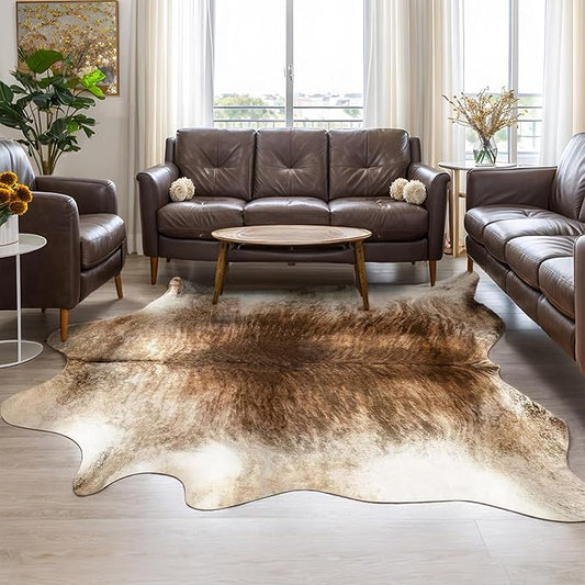AROGAN Western Decor Faux Fur Cowhide Rug, 7 x 6.2 Feet Premium Animal Skin Cow Hide Rug, Durable Cow Print Rugs for Wall Decor, Western Floor Carpet for Bedroom Living Room, Brownish