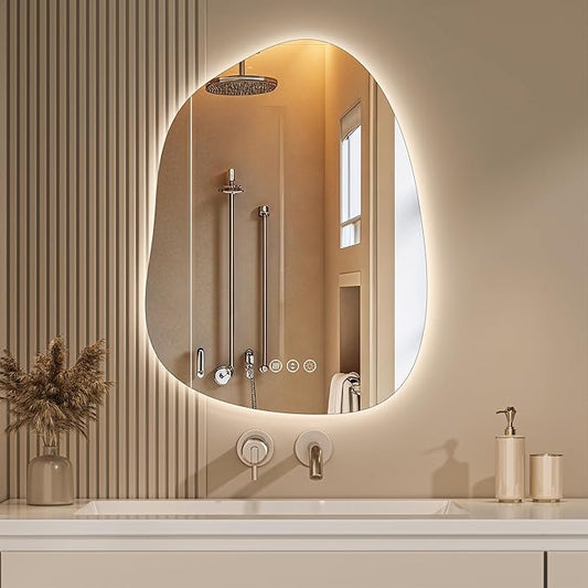 Hasipu Irregular Wall Mirror with Lights- 25"x19"Smart Vanity Mirror with Anti-Fog, 3 Color Modes,Dimmable Light, Memory Function, Backlit Wall Mount, Horizontal/Vertical