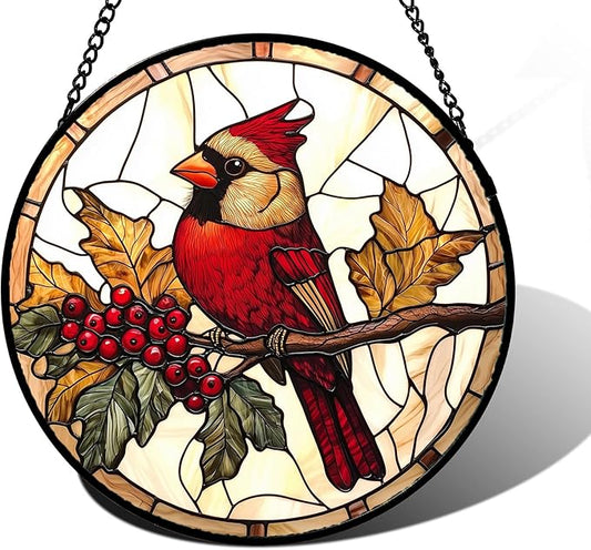 DASTOLL Stained Glass Window Hanging, Birds on a Branch Cardinal Sun Catchers Diamond Glass Panel Hangings Suncatcher Decor for Birthday for Women, Men, Wife, Aunt,and Mom 7.8X7.8IN